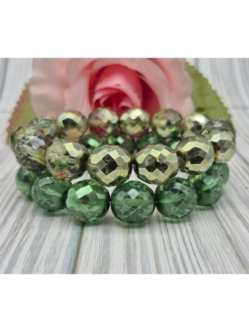 Lot of2 Green Czech Glass Faceted Fire-Polished Bead Stretch Bracelets Statement